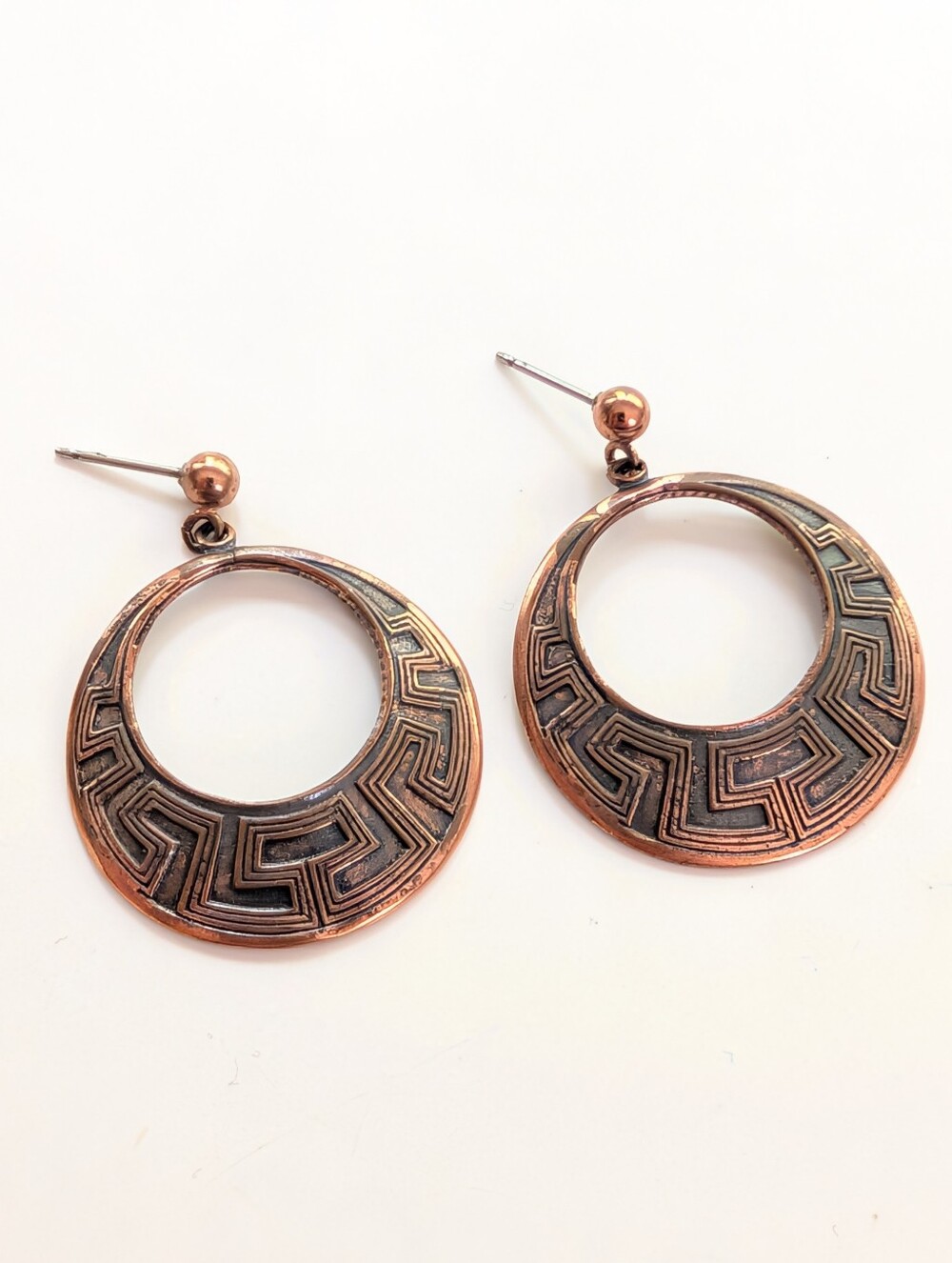 Vintage Southwestern Western Aztec Style Solid Copper Boho Post Dangle Earrings